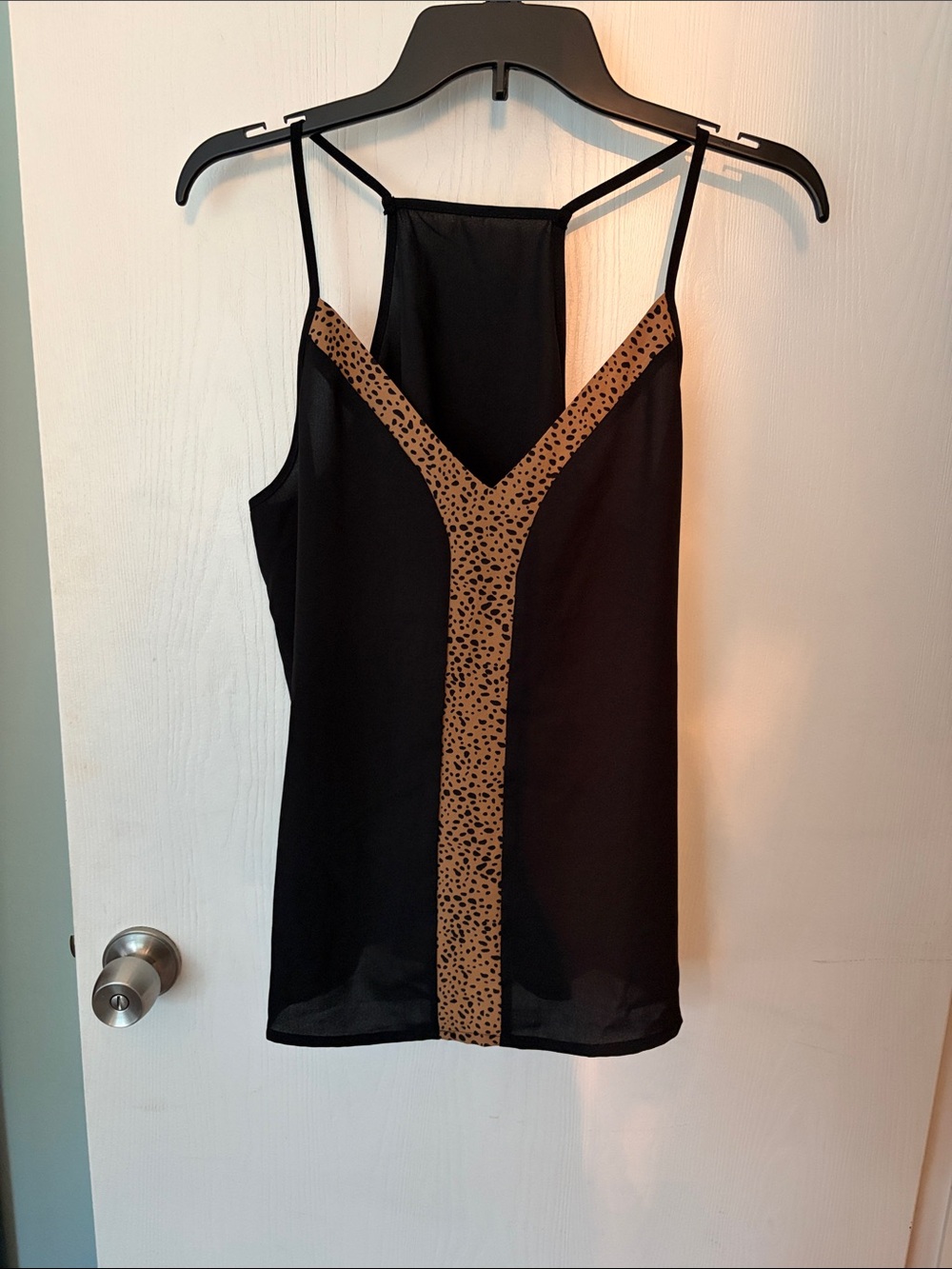 SHEIN Black Spaghetti Strap Cami with Tan Leopard Trim